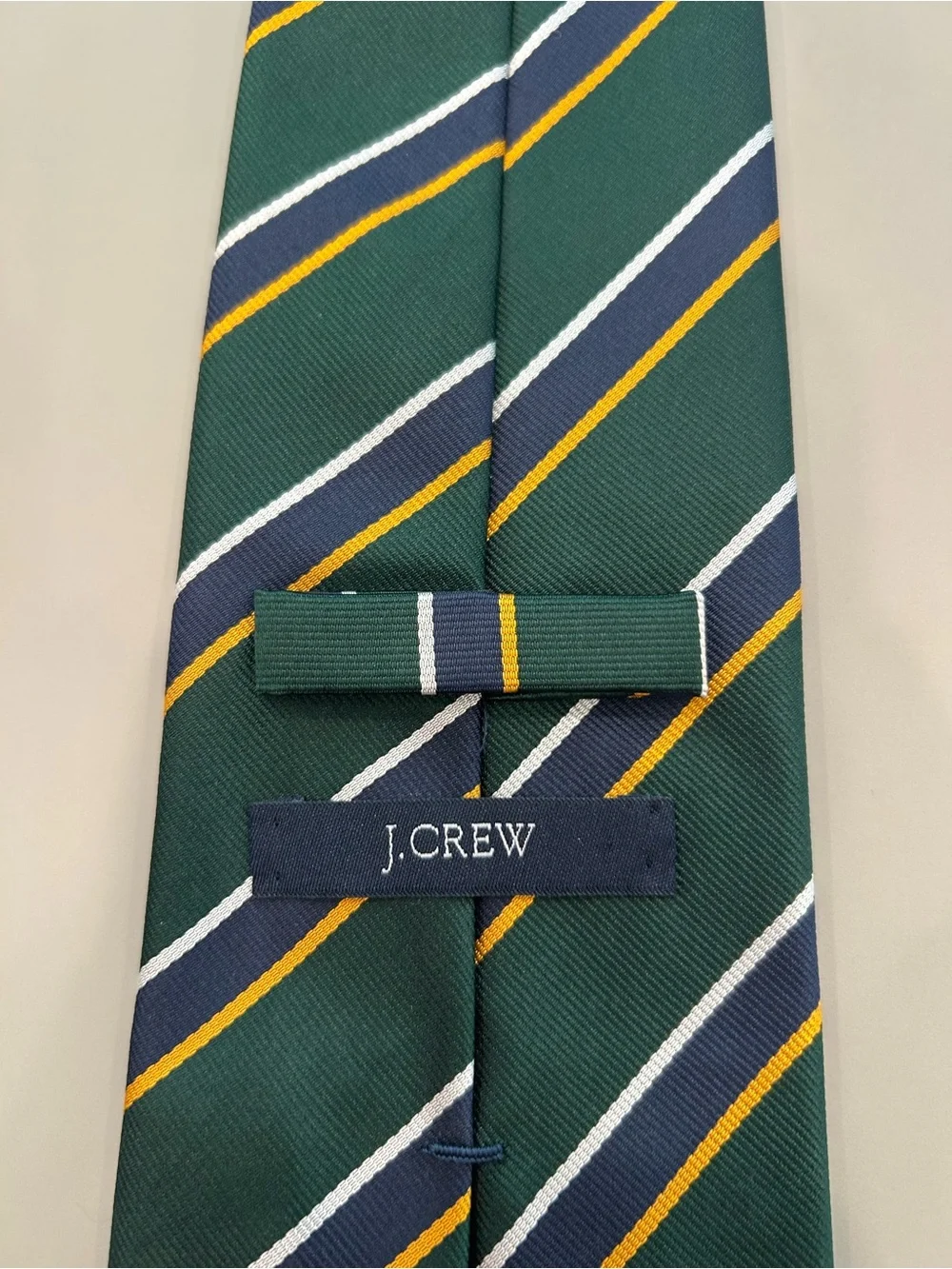 Vintage 90’s J. Crew 100% Silk Green Tie with Navy, Gold & White Diagonals